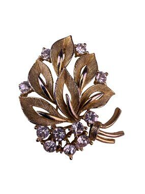 Lisner Womens Gold Tone Rhinestone Brooch Leaf Design Floral Jewelry Signed